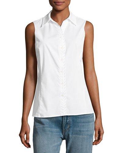 Satin-trim Sleeveless Poplin Blouse, White