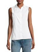 Satin-trim Sleeveless Poplin Blouse, White
