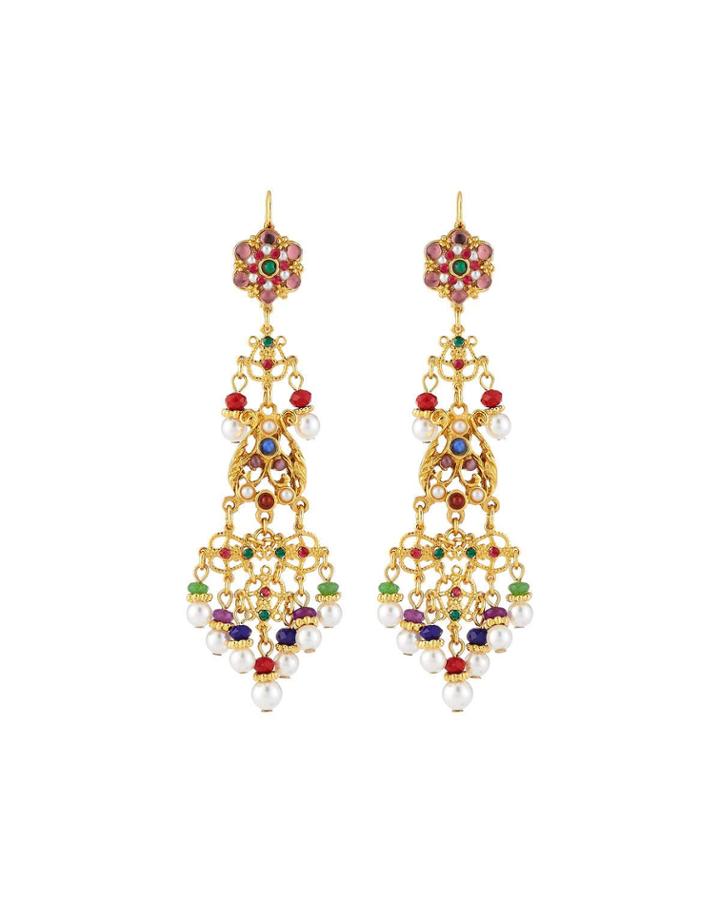 Long Filigree Crystal & Pearly Drop Earrings