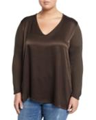 Kalvin Long-sleeve Satin-front V-neck Blouse,