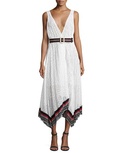 Cotton Eyelet Sleeveless V-neck Midi Dress, White