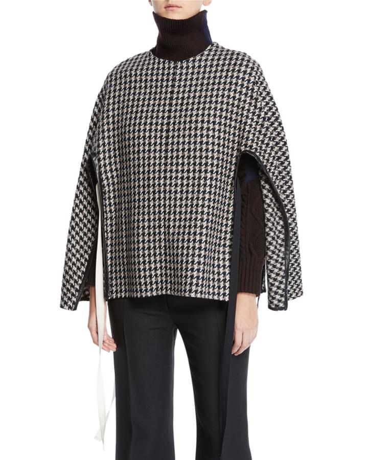 Houndstooth-wool Side-tie Poncho
