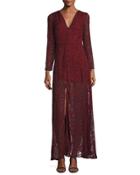 Long-sleeve Lace-overlay Dress, Burgundy