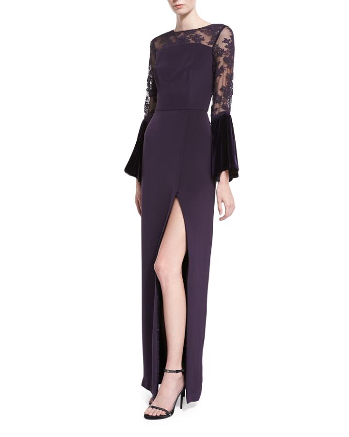 Crepe Lace-yoke Gown With Velvet Bell