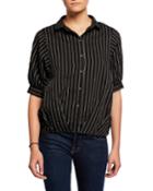 Pinstripe Button-front Elbow-sleeve Gathered Blouse