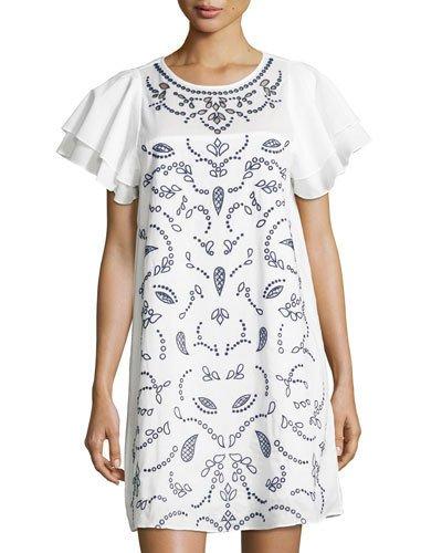 Simone Embroidered Shift Dress, White Pattern