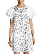 Simone Embroidered Shift Dress, White Pattern
