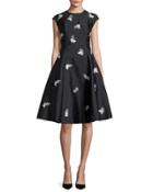 Cap-sleeve Floral Embroidered Fit-and-flare Jacquard Dress, Onyx