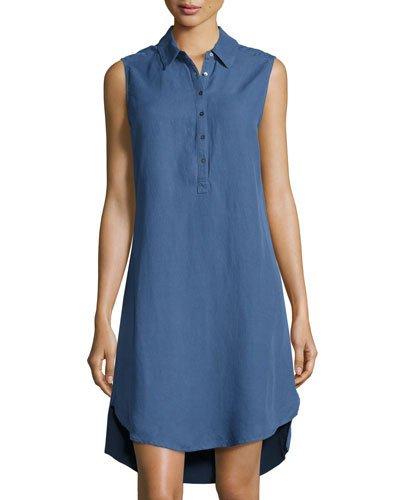 Button-front High-low Linen-blend Shirtdress, Blue