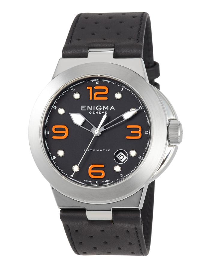 Automatic Watch W/ Leather Strap, Black/orange