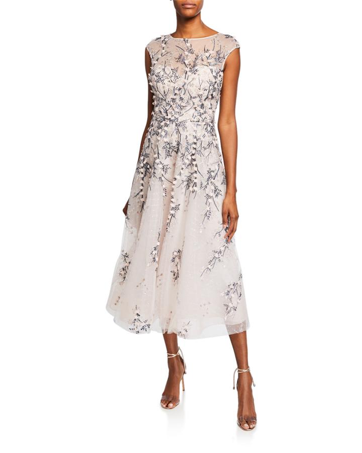 Bateau-neck Cap-sleeve 3d Floral Embroidered Tulle Dress