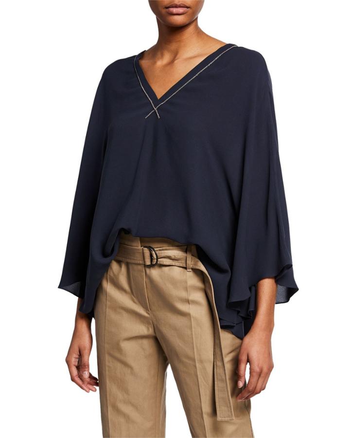 Double V-neck Silk Capelet Top With Monili Varsity Trim