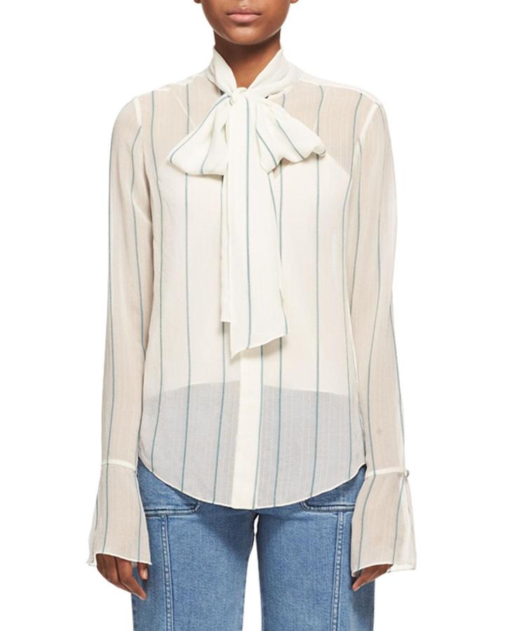 Striped Chiffon Tie-neck Shirt, White/green