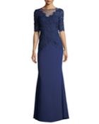 Elbow-sleeve Lace Mermaid Evening Gown