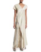 V-neck Short-sleeve Side-slit Metallic-twill