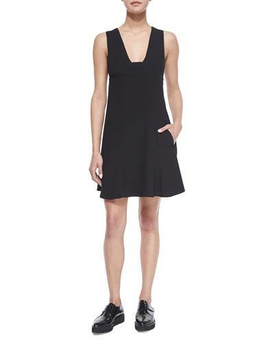 Plunge-neck A-line Dress, Black