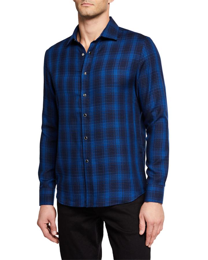 Men's Long-sleeve Plaid Dot Print