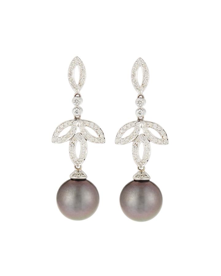 14k White Gold Diamond Marquise & Pearl Drop Earrings