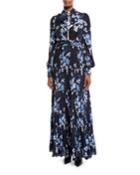Poetic Justice Tie-neck Long-sleeve Open-back Floral-print Pleated
