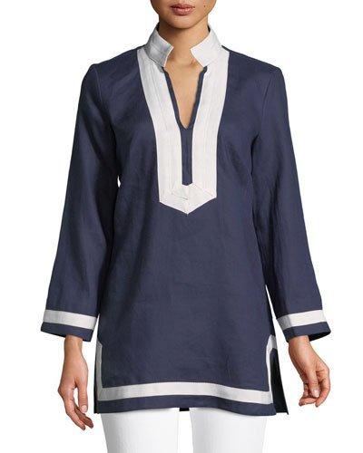 Long-sleeve Tape-trim Tunic Dress, Navy/pink