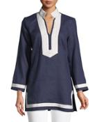 Long-sleeve Tape-trim Tunic Dress, Navy/pink