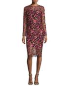 Long-sleeve Embroidered Sheath Dress, Pink/multi