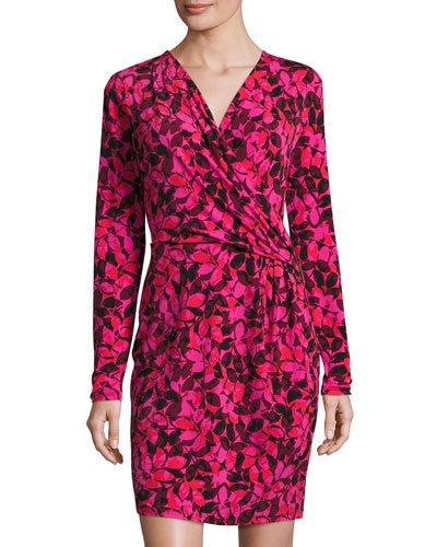 Printed Long-sleeve Faux-wrap Dress, Red/multi