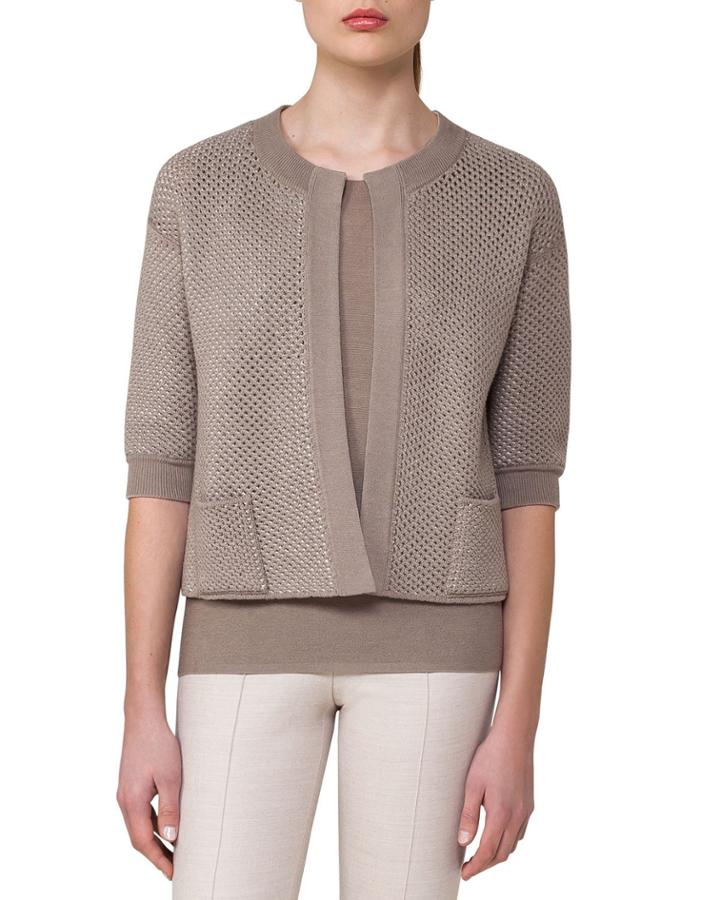 Reversible Netted Cashmere-cotton 1/2-sleeve Cardigan, Taupe