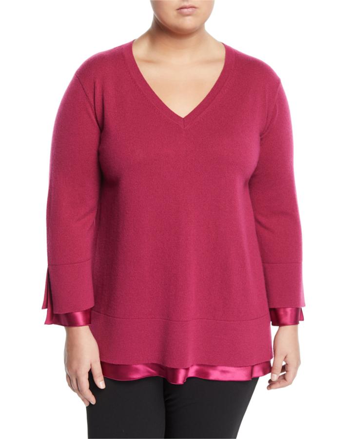 Cashmere V-neck Sweater With Charmeuse,