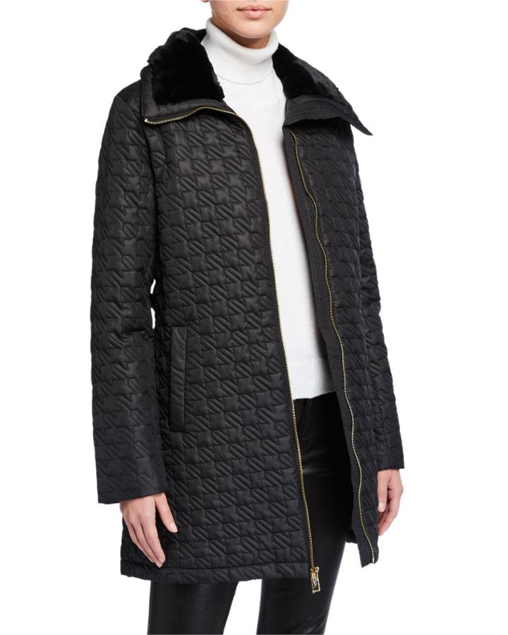 Houndstooth Quilted Faux-fur Coat