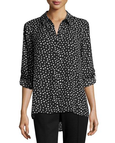 Dot-printed Button-up Blouse, Black/white