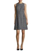 Sleeveless Herringbone A-line Dress, Black/white