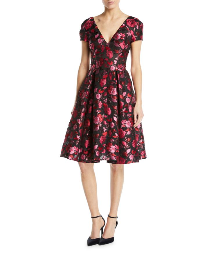 V-neck Cap-sleeve Fit-and-flare Floral-jacquard Cocktail Dress