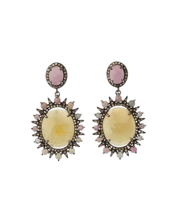 Silver Oval Drop Earrings With Multicolor Sapphire & Diamonds