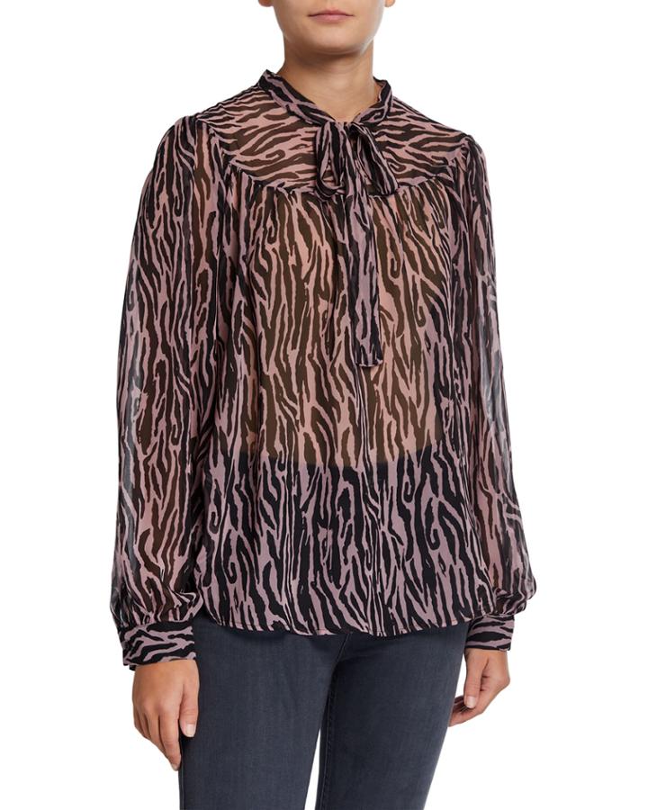 Zebra-print Tie-neck Blouse