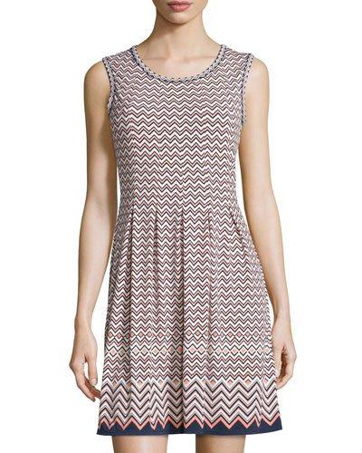 Printed Pleated Sleeveless Dress, Navy/cantaloupe