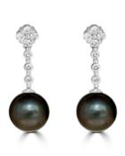 18k White Gold Pearl & Linear Diamond Earrings, Black