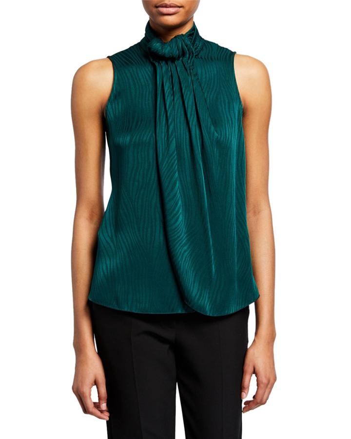 Pleated High-neck Zebra-print Blouse