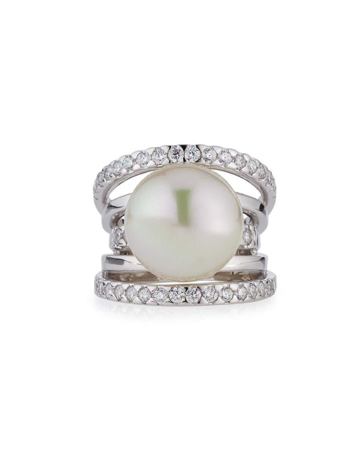Pave Split-shank Simulated Pearl Ring,