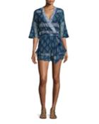 Ruffle Wrap-front Romper, Temple Print