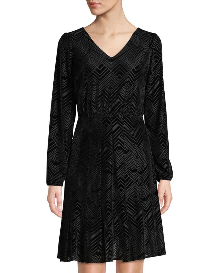 Bell-sleeve Geometric Velvet Burnout Dress