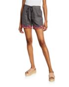 Plus Size Etienne Drawstring Linen Shorts W/ Embroidered Trim