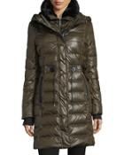 Faux-leather Trim Long Puffer Jacket
