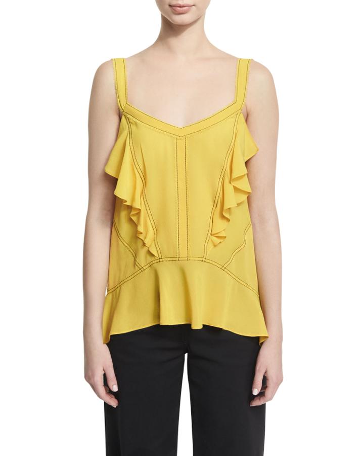 Ruffled Silk Georgette Camisole With Contrast Stitching, Yellow