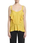 Ruffled Silk Georgette Camisole With Contrast Stitching, Yellow