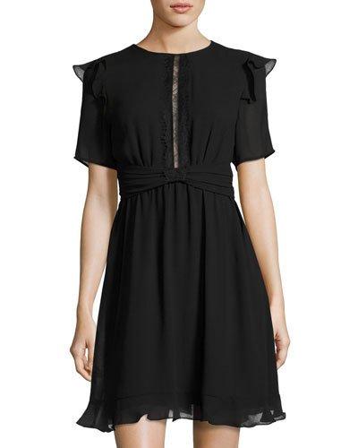 Lace-inset Georgette Dress, Black