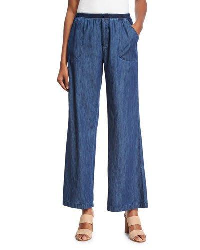 Giorgina Wide-leg Chambray Pants, Blue