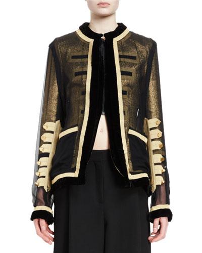 Zip-front Chiffon Jacket, Black/gold
