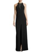 Sleeveless Crepe Column Gown W/ Embroidery Detail