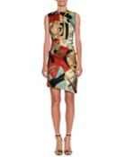 Abstract-print High-neck Sleeveless Ruched Dress
